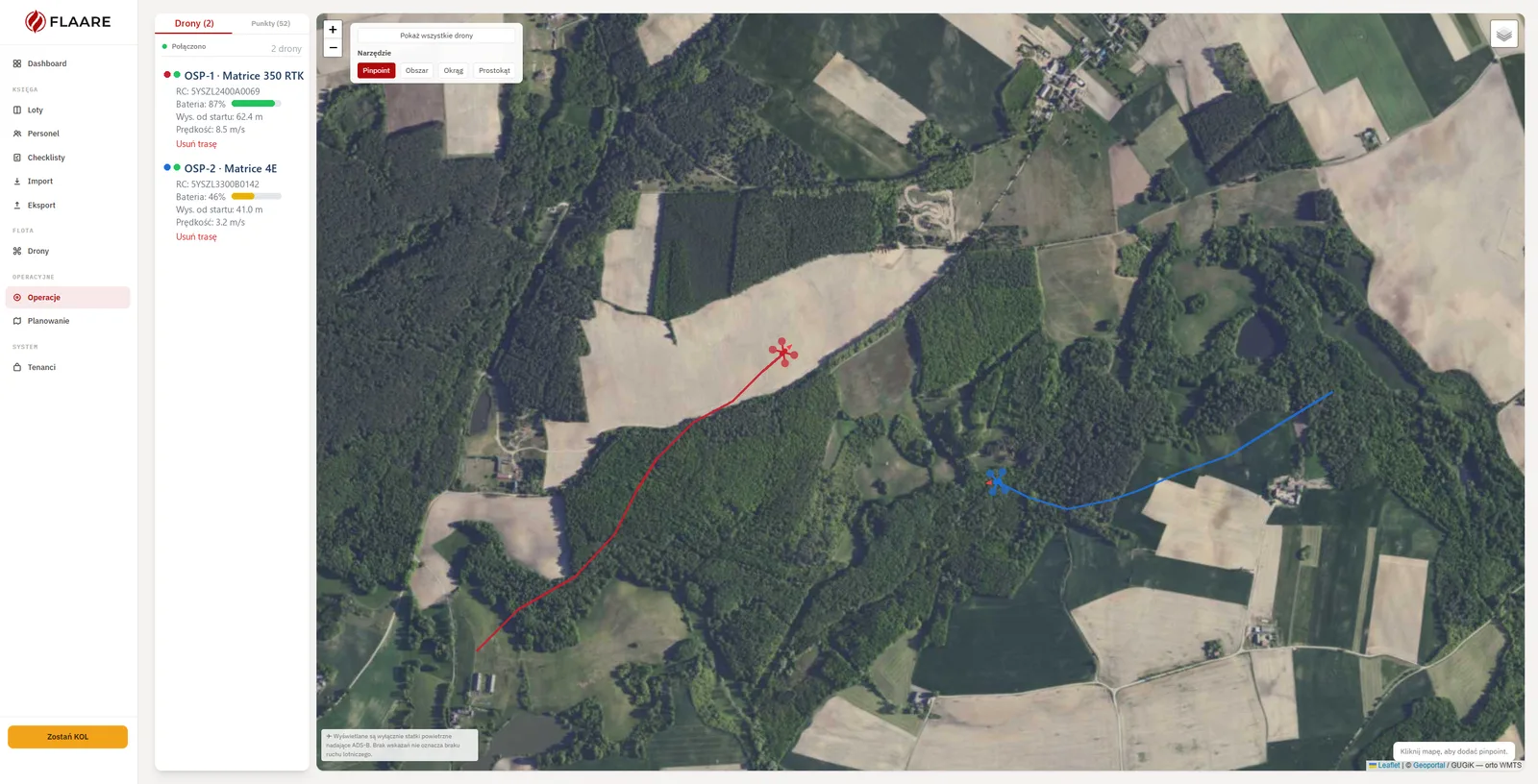 Mapa operacji FLAARE - pozycje dronów na żywo i ślady tras z ostatnich 24 godzin